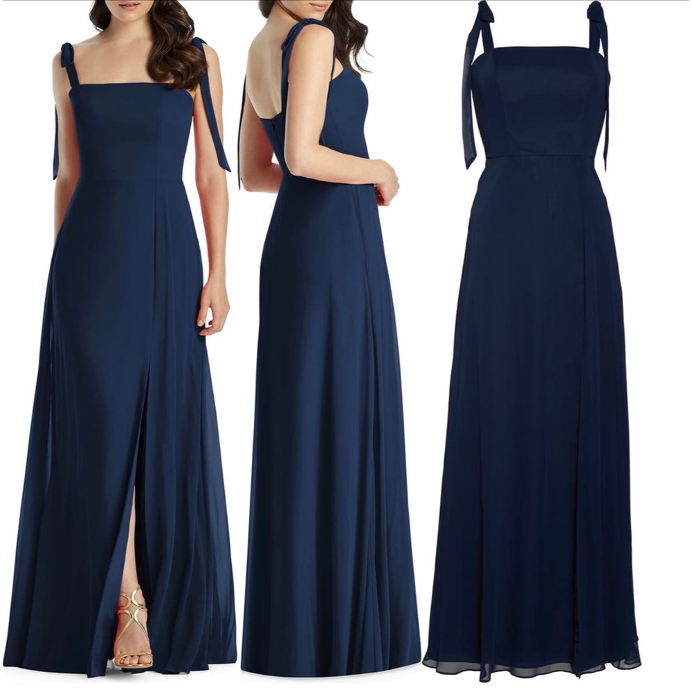 Dessy Collection Shoulder-Tie Chiffon A-Line Gown (Midnight)